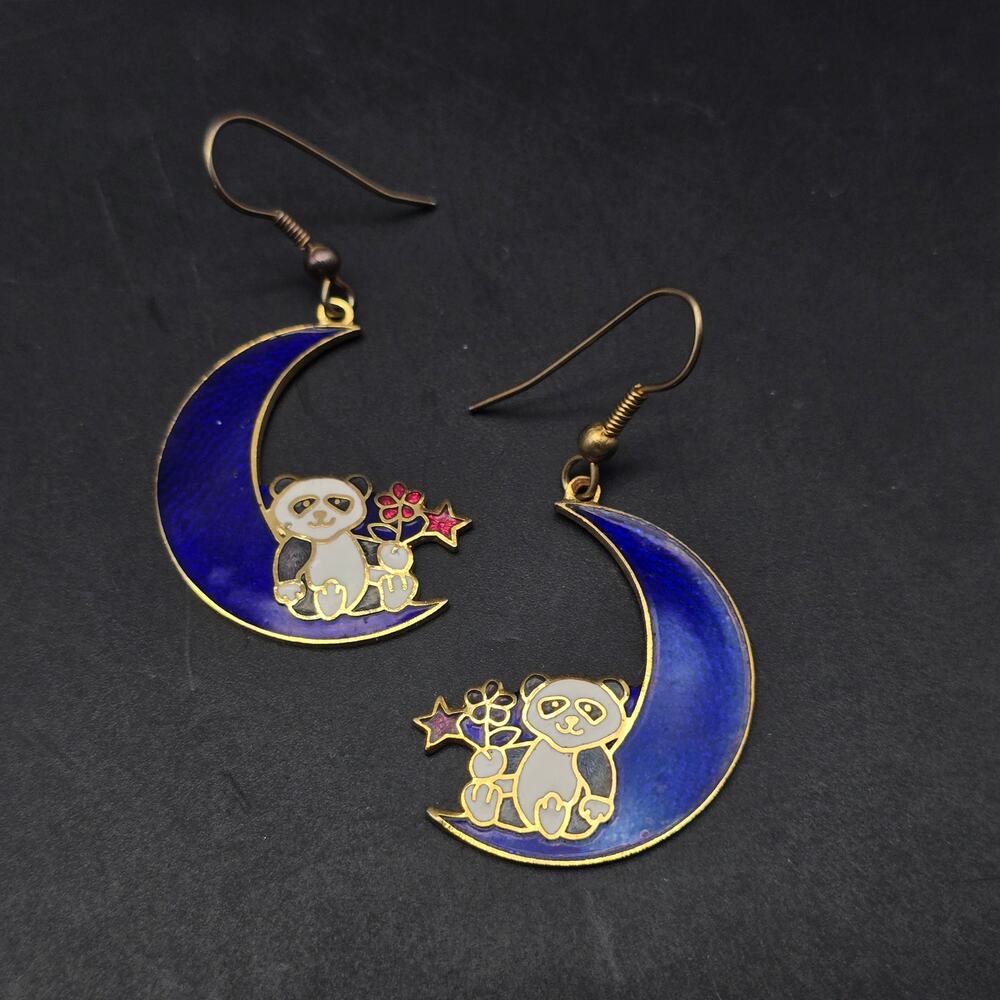 Cloisonne Panda Bears on Moon Earrings Enamel 1980s Vintage Jewelry - Picture 1 of 7